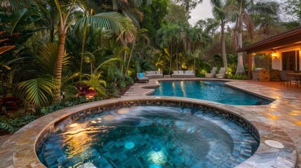 A sparkling pool with a built-in jacuzzi