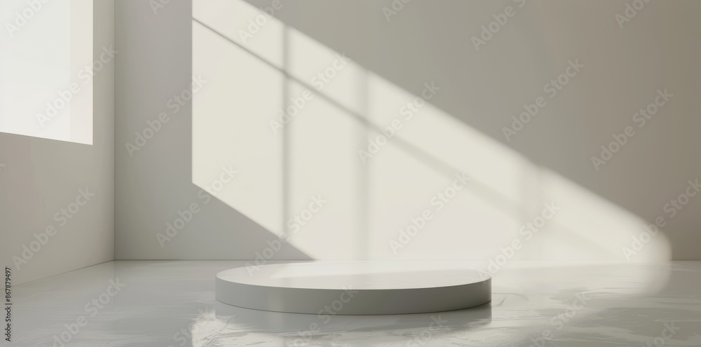 Aufkleber sunlit white room with minimalist design, an empty podium casts shadow patterns for an artistic and 