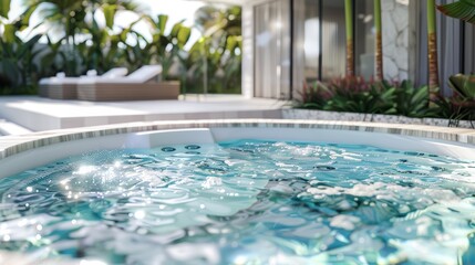 A sparkling pool with a built-in jacuzzi