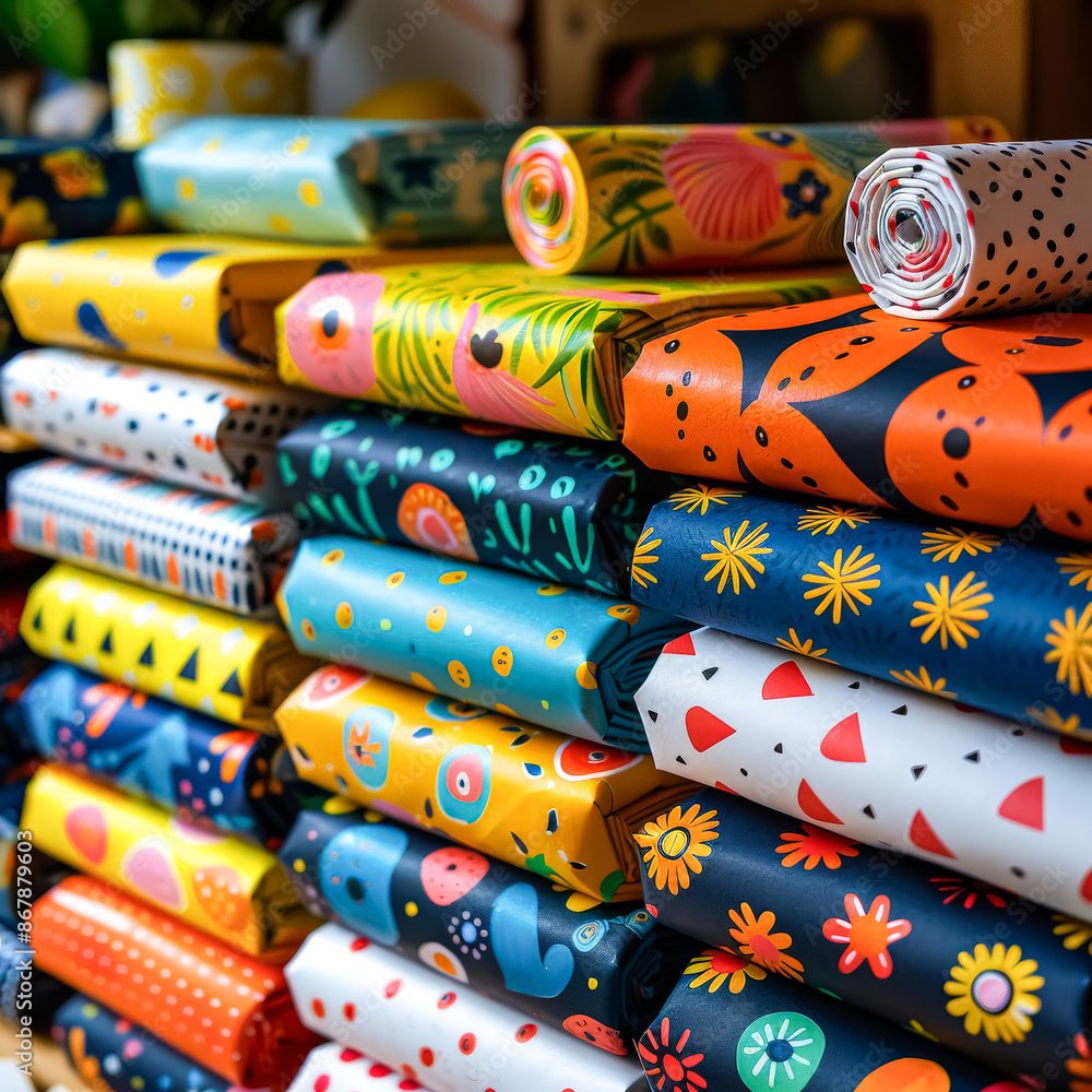 Poster a stack of colorful wrapping paper with various patterns and designs.