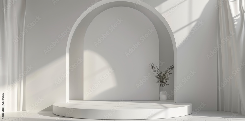 Aufkleber sunlit white room with minimalist design, an empty podium casts shadow patterns for an artistic and 