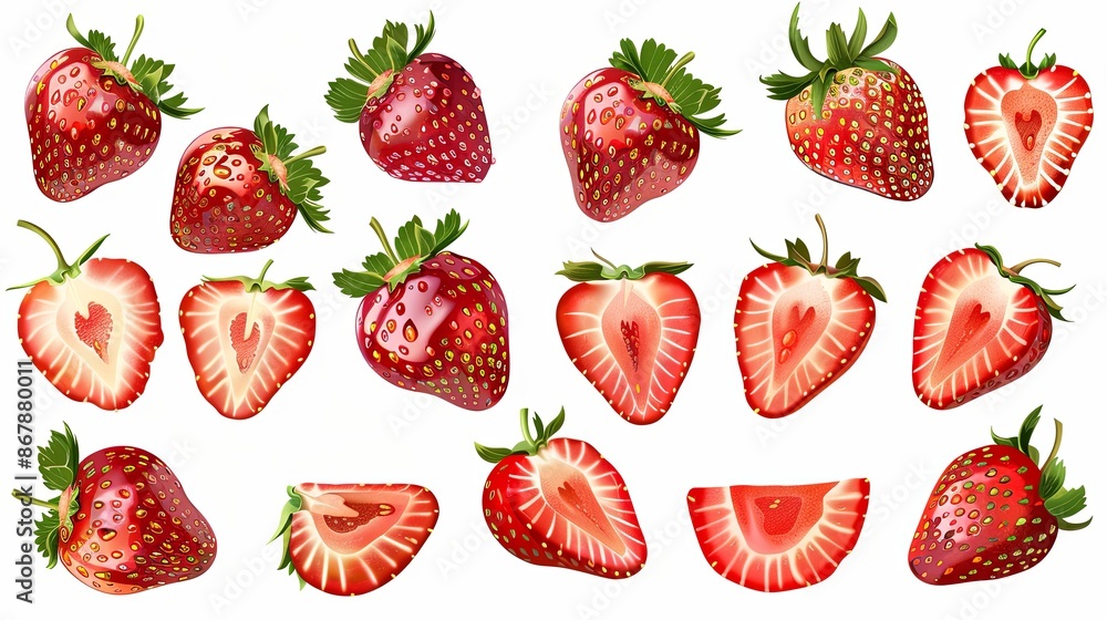 Poster a collection of ripe and juicy whole strawberries and slices arranged on a white background. generat