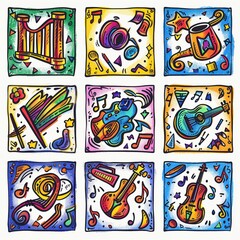 A playful composition of nine squares, each filled with a hand-drawn illustration of a musical instrument or music symbol.