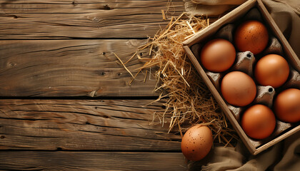 Fresh Brown Eggs in Carton on Rustic Wooden Table with Burlap and Straw