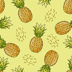 Vector Seamless Pattern with Tropical Fruit Pineapple on Summer Background.