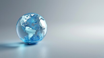 Digital blue globe on light grey background. Minimalist style showing continents in blue. Ideal for tech themes. Perfect for presentations and branding. Contemporary and futuristic design. AI
