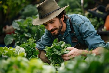 Farmer Harvesting Fresh Greens in a Lush Garden