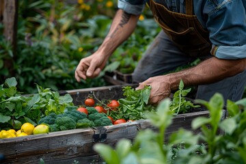 Gardener Harvesting Fresh Vegetables from a Lush Garden Bed