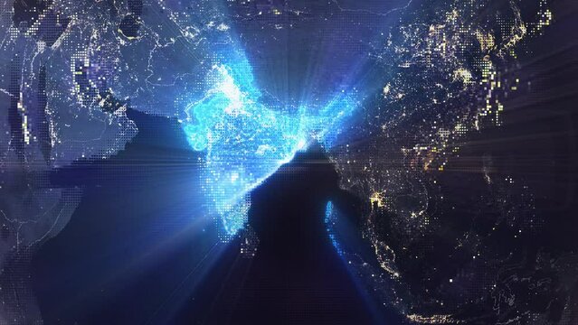 Digital Pixel Art Earth Night from Space Rotate and Zoom Shining Country India