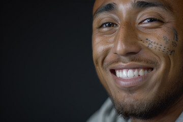 Fototapeta premium Close-up portrait of a young Indigenous man, studio photo, against a sleek gray studio backdrop
