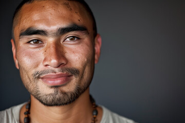 Obraz premium Close-up portrait of a young Indigenous man, studio photo, against a sleek gray studio backdrop