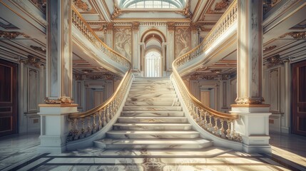 An elegant marble staircase with intricately carved railings