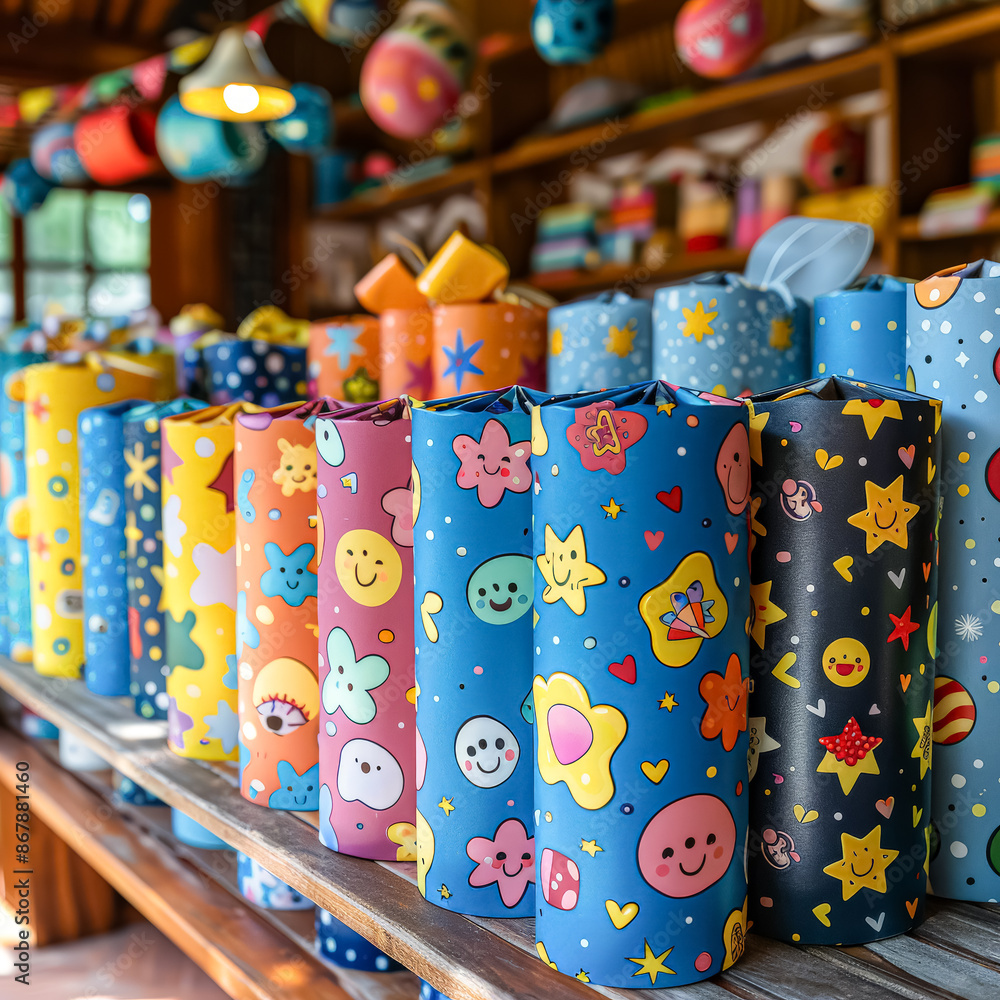 Poster A row of colorful wrapping paper with a variety of patterns and designs.
