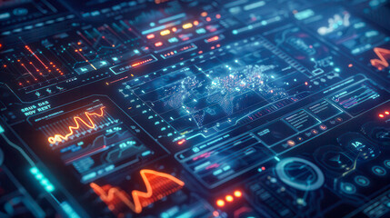 Obraz premium Holographic computer interface displaying dynamic data on a dark background 