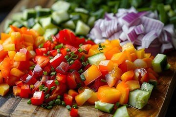 Freshly Chopped Colorful Vegetables on a Wooden Cutting Board
