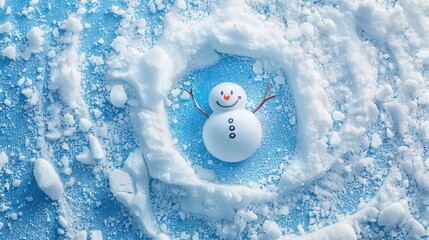 Whimsical Illustration of a Smiling Snowman in the Snow. Bright Blue Background with Fluffy White Snow. AI-generated Winter Scene for Holiday Greeting Cards, Seasonal Decor, and Print Media. AI
