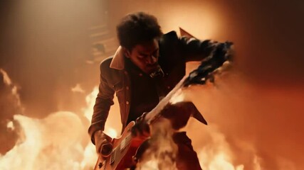 A guitarist plays an electric guitar against a backdrop of flames and flames, creating a rock concert atmosphere and musical energy. Concept: music, rock and roll, concerts and creativity.