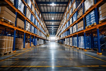 Fototapeta premium Expansive Warehouse with Organized Shelving and Stacked Boxes