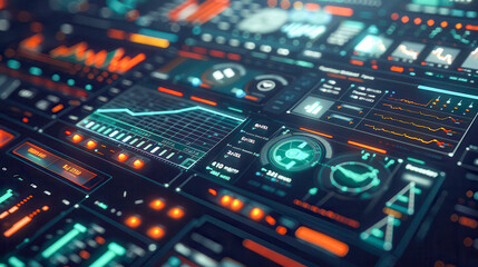 Obraz premium Holographic computer interface displaying dynamic data on a dark background 