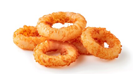 Crispy onion rings stacked a white background