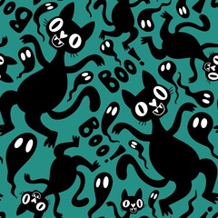 Halloween animals seamless cats and pumpkins pattern for wrapping paper