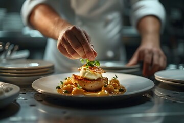 Chef Perfecting a Gourmet Dish in a Professional Kitchen