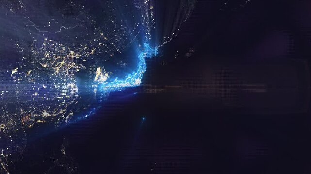 Digital Pixel Art Earth Night from Space Rotate and Zoom Shining Country Japan
