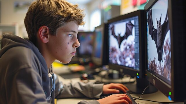 A boy is using a computer in science class, and an image of a bat is on the screen.