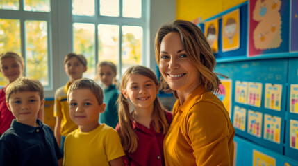 A teacher warmly welcoming students into the classroom. The scene captures the friendly and inviting atmosphere as students enter, ready to start their day of learning with enthusiasm and curiosity