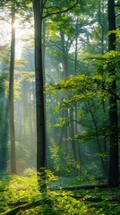 Sunlight streaming through the trees. The forest, the sun, the trees
