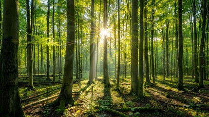 Sunlight streaming through the trees. The forest, the sun, the trees