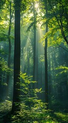 Sunlight streaming through the trees. The forest, the sun, the trees