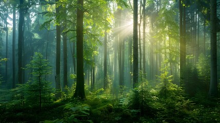 Sunlight streaming through the trees. The forest, the sun, the trees