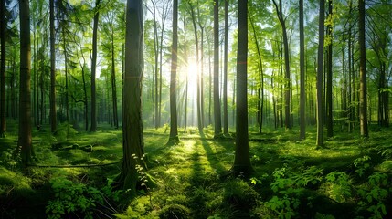 Sunlight streaming through the trees. The forest, the sun, the trees