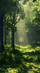 Obraz premium Sunlight penetrating the forest, sun, forest, sun reflections, trees