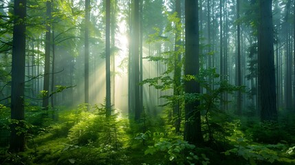 Obraz premium Sunlight penetrating the forest, sun, forest, sun reflections, trees