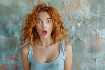 Surprised Redhead Woman Against Textured Wall