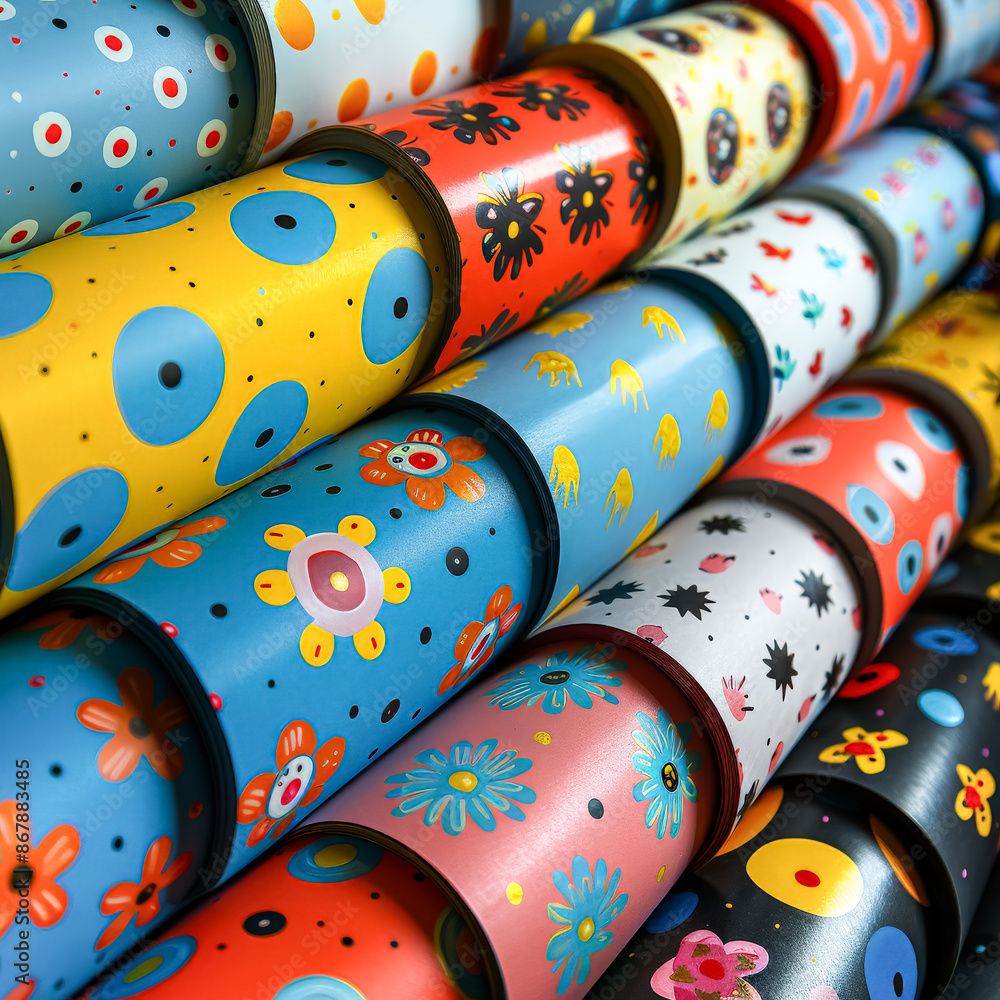 Poster a row of colorful wrapping paper with a variety of patterns and designs.
