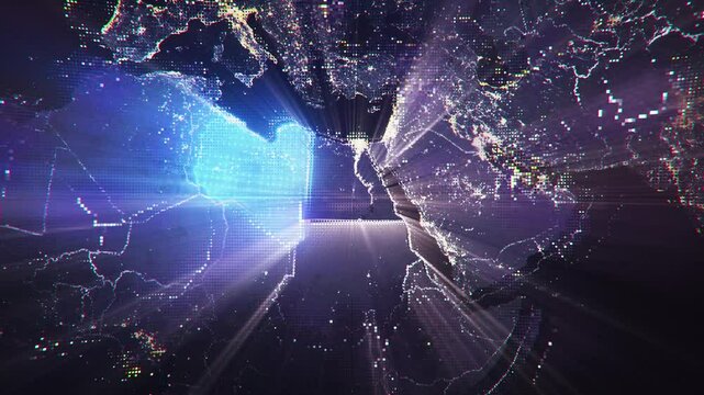 Digital Pixel Art Earth Night from Space Rotate and Zoom Shining Country Libya