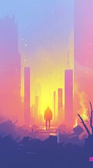 Fototapeta premium One person walks through city ruins at sunset