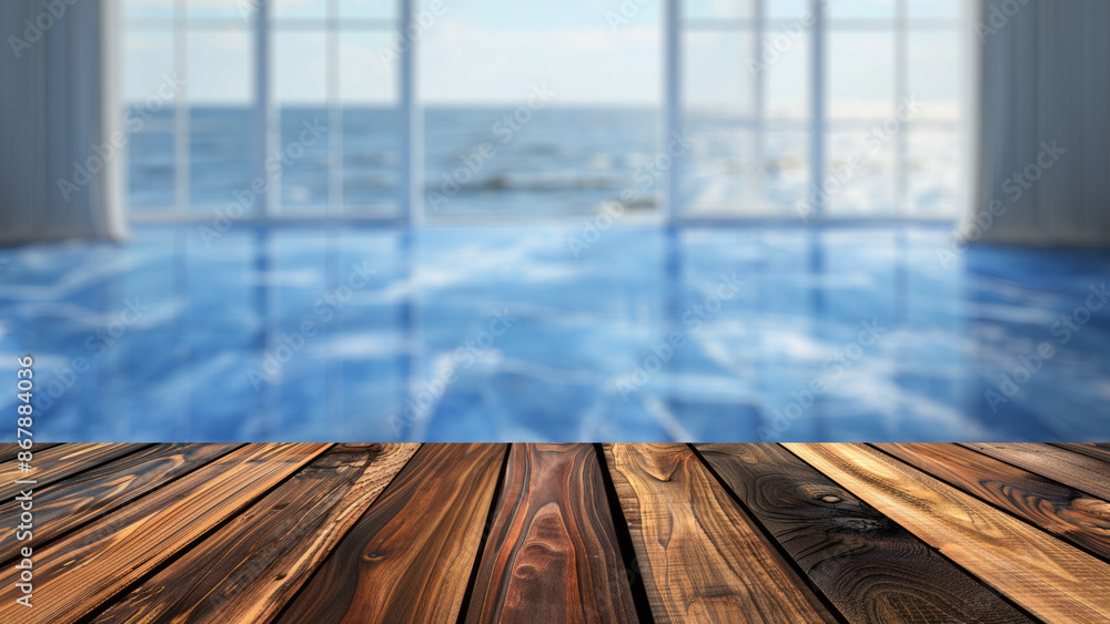 Poster empty wood table top with blur background of room with ocean view in summer. the table giving copy s
