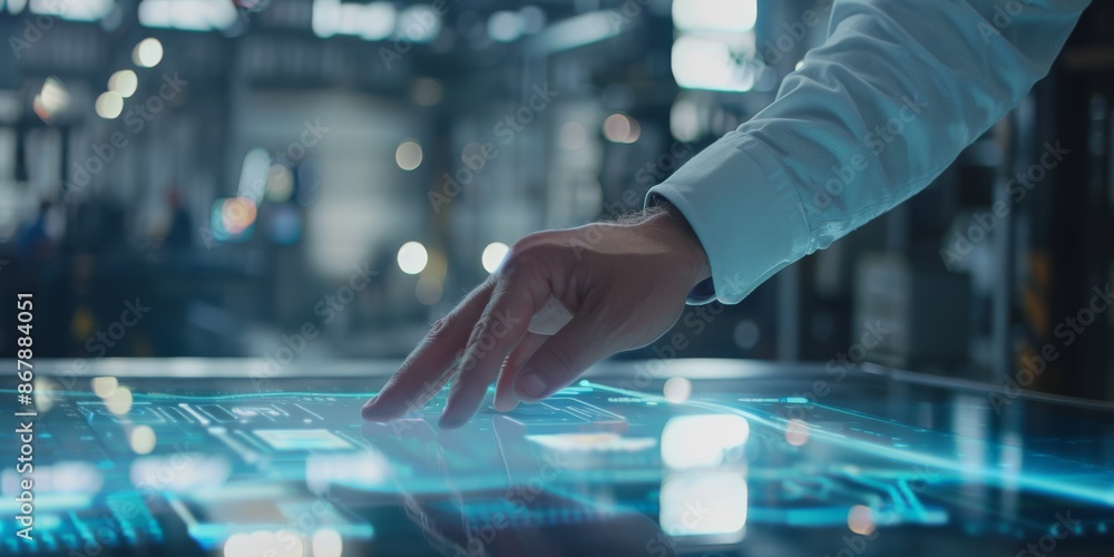 Poster hands interact with a high-tech touchscreen in an advanced laboratory setting, showcasing futuristic