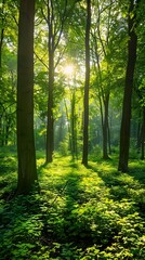 Fototapeta premium Sunlight penetrating the forest, sun, forest, sun reflections, trees