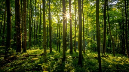 Sunlight penetrating the forest, sun, forest, sun reflections, trees