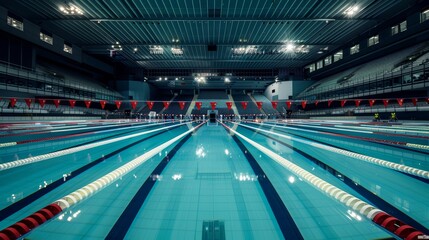 An Olympic-sized swimming pool with lanes marked for competitive swimmers