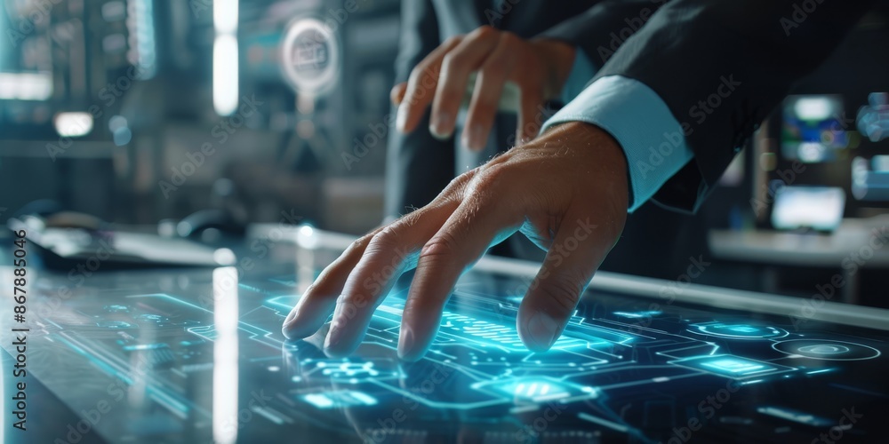 Poster hands interact with a high-tech touchscreen in an advanced laboratory setting, showcasing futuristic