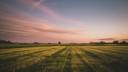 Minimalist countryside field at dawn, emphasizing calm and tranquility, in a style blending documentary, editorial, and magazine photography