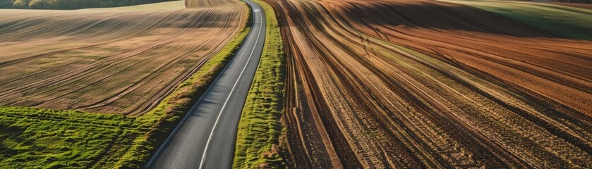 Minimalist rural road through fields, capturing the journey, in a style blending documentary, editorial, and magazine photography