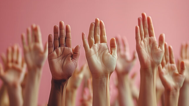 A diverse collection of raised hands against a pink backdrop symbolizing unity and the power of democratic participation