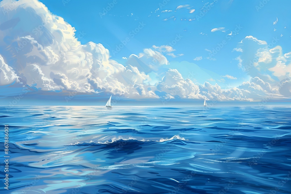 Poster a picturesque scene of two sailboats navigating a calm ocean under a blue sky dotted with white clou